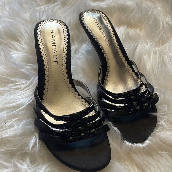 Rampage Shoes Black Strap Silver Kitten Heel Open Toe Slide Women's 7.5 M - Picture 1 of 7